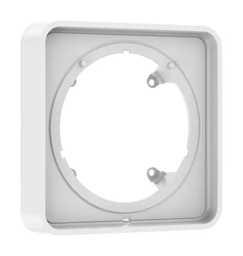 Weißes Kunststoffteil mit rechteckigem Rahmen und rundem Ausschnitt in der Mitte. Teil der Hansgrohe Produktlinie für Installationen.